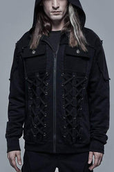 Black Punk Front Lace Up Decoration Long Sleeve Knit Hoodie Men's Coat